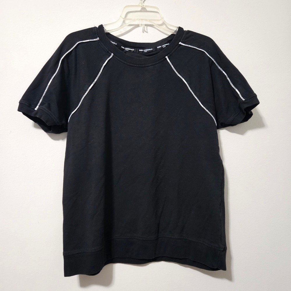 Karl Lagerfeld Paris Womens Black Logo Tape Short Sleeve Sweatshirt Size M